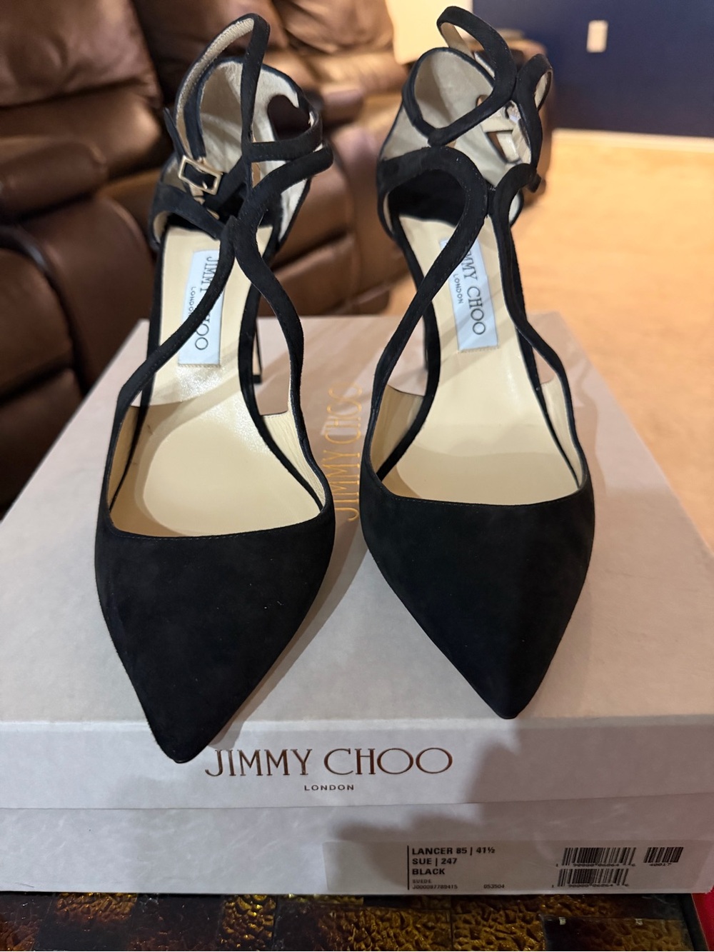 Jimmy Choo Black Suede Pointed T-Strap Pumps